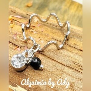 Dainty silver and onyx charms boho ring